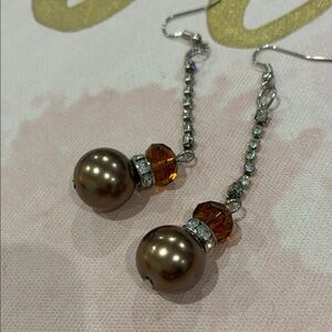 Elegant Brown Bead and Silver Band and Stand with Rhinestones Dangle Earrings